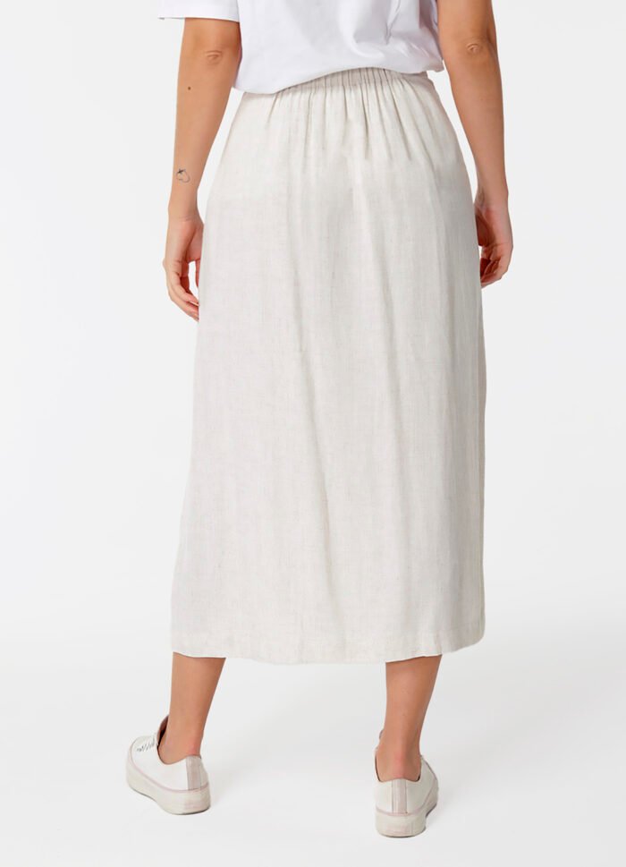Saia de Linho Longa Bege Claro com Fenda e Botões - Imagem 4