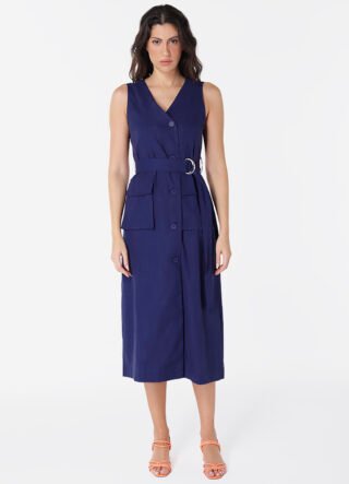 Vestido de Linho Midi Azul Marinho Decote V Transpassado