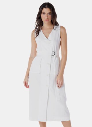 Vestido de Linho Midi Branco Decote V Transpassado