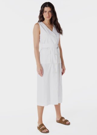 Vestido de Linho Midi Branco Decote V Transpassado