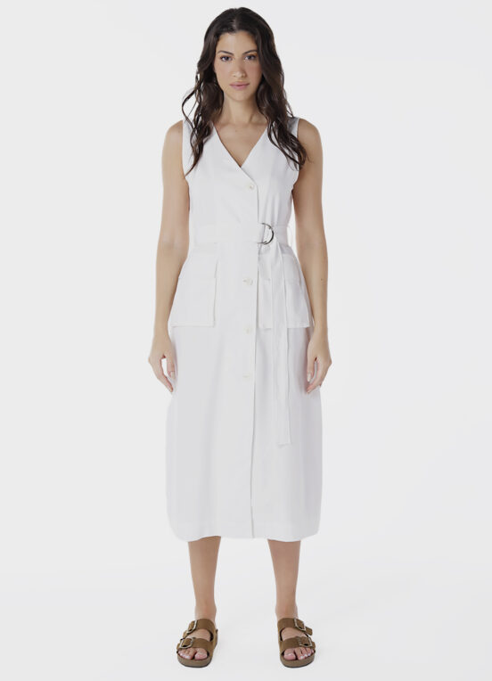 Vestido de Linho Midi Branco Decote V Transpassado - Image 3