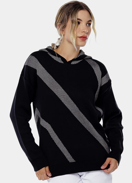 Blusa de Tricot Preta com Capuz e Listras Brancas