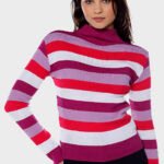 Blusa de Tricot Listrada Gola Alta Sob Rosa e Lilás