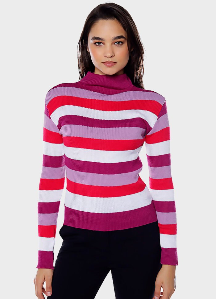 Blusa de Tricot Listrada Gola Alta Sob Rosa e Lilás - Imagem 2