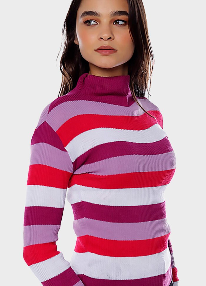 Blusa de Tricot Listrada Gola Alta Sob Rosa e Lilás - Imagem 3