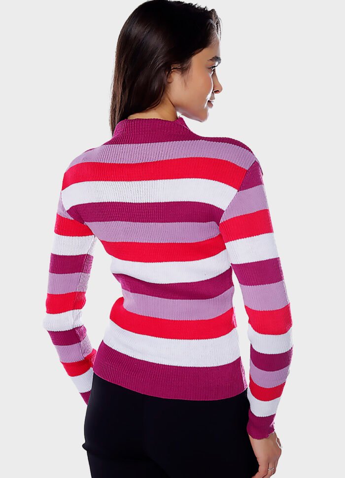 Blusa de Tricot Listrada Gola Alta Sob Rosa e Lilás - Imagem 4