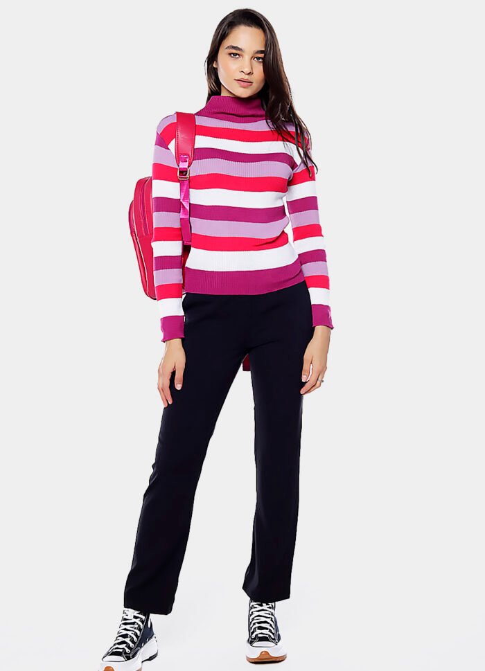 Blusa de Tricot Listrada Gola Alta Sob Rosa e Lilás - Imagem 5