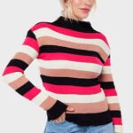 Blusa de Tricot Listrada Gola Alta Sob Rosa e Preta