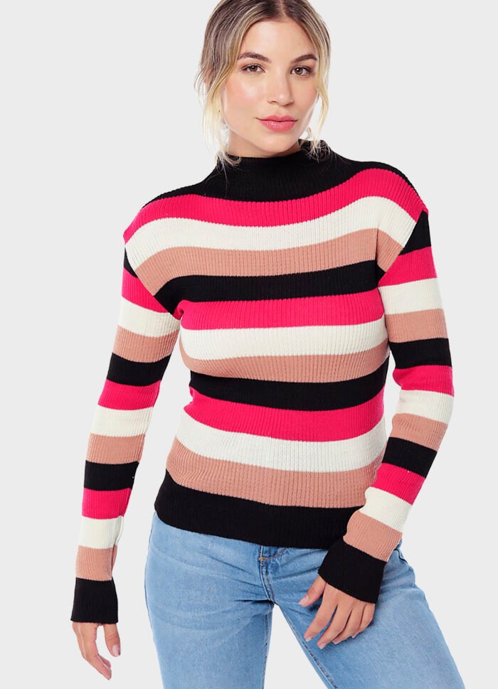 Blusa de Tricot Listrada Gola Alta Sob Rosa e Preta - Imagem 2