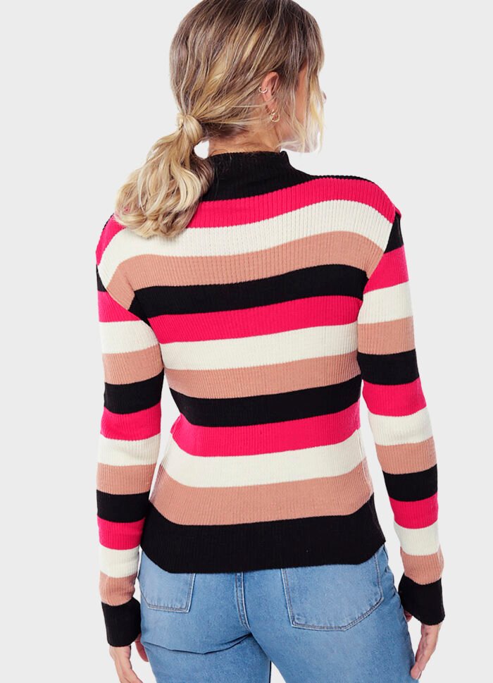 Blusa de Tricot Listrada Gola Alta Sob Rosa e Preta - Imagem 3