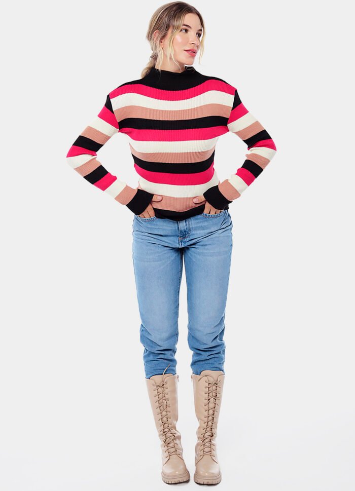Blusa de Tricot Listrada Gola Alta Sob Rosa e Preta - Imagem 4