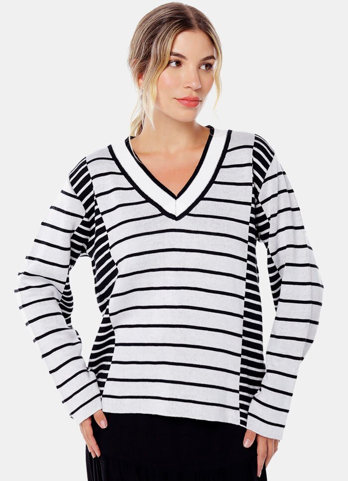 Blusa de tricot Gola V Listrada de Preto e Branco - Imagem 5