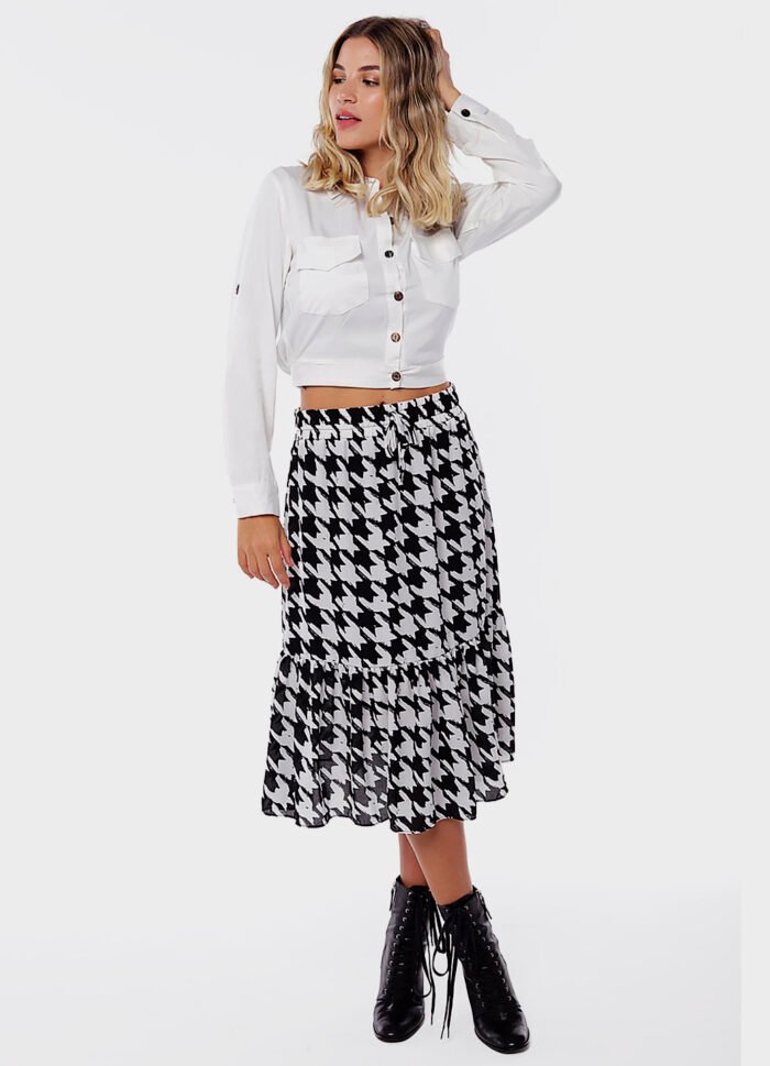 Saia Midi  Xadrez Pied de Poule Crepe  Preta e Branca Sob - Imagem 2