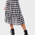 Saia Midi  Xadrez Pied de Poule Crepe  Preta e Branca Sob
