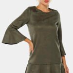 Vestido de Suede  Verde Militar com Mangas 3/4