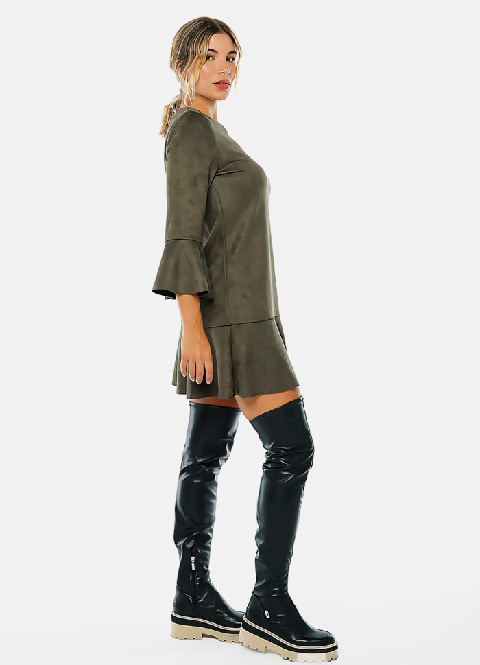 Vestido de Suede  Verde Militar com Mangas 3/4 - Imagem 2