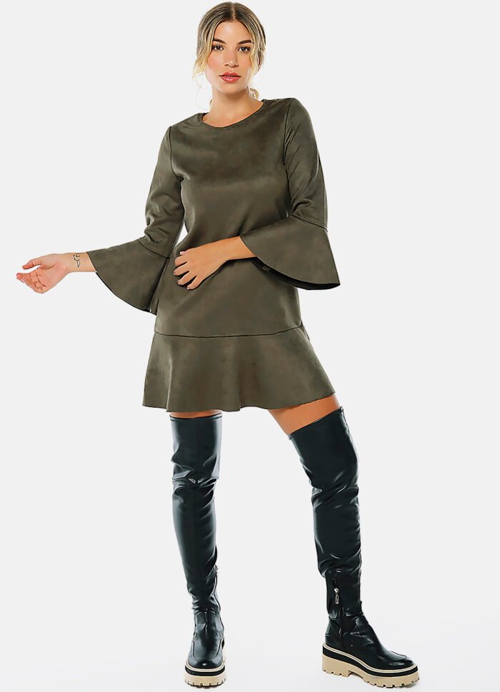 Vestido de Suede  Verde Militar com Mangas 3/4 - Imagem 6