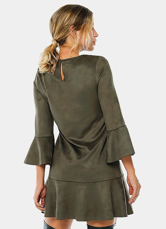 Vestido de Suede  Verde Militar com Mangas 3/4 - Imagem 5