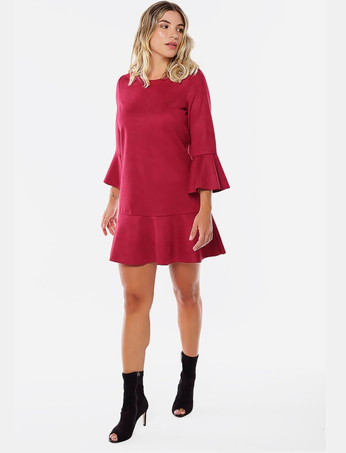 Vestido de Suede  Vinho com Mangas 3/4 Sob - Imagem 5