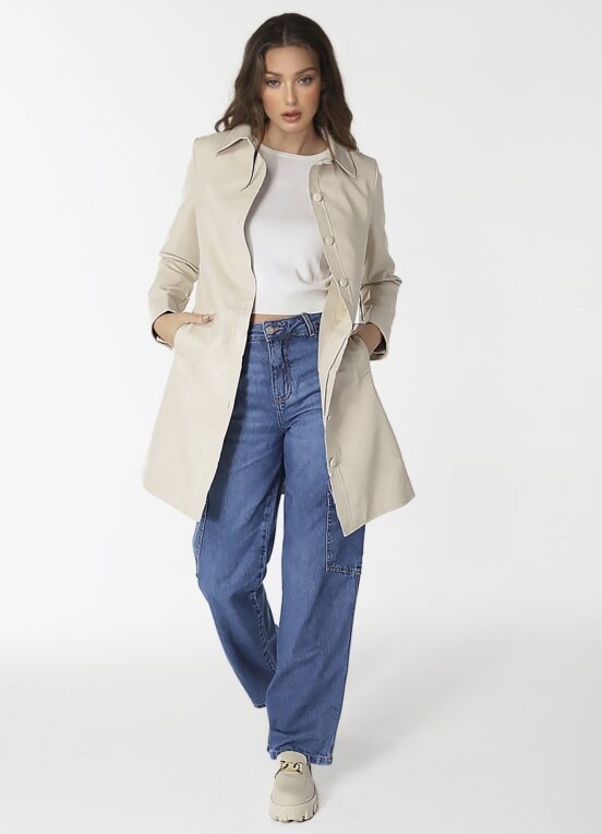 Casaco Trench Coat Pu Bege Claro Longo Forrado - Image 3