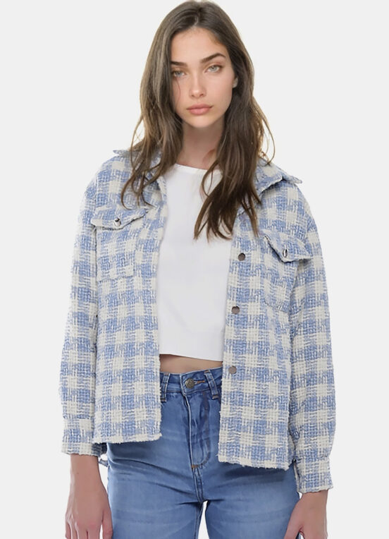 Jaqueta Xadrez Feminina de Lã Tweed Azul Clara com Bolsos