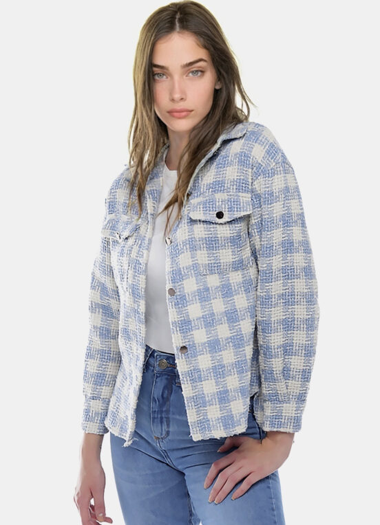 Jaqueta Xadrez Feminina de Lã Tweed Azul Clara com Bolsos - Image 2