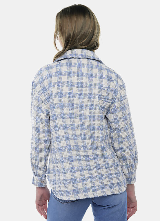 Jaqueta Xadrez Feminina de Lã Tweed Azul Clara com Bolsos - Image 7
