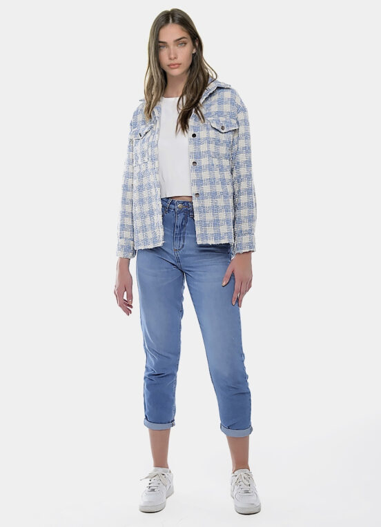 Jaqueta Xadrez Feminina de Lã Tweed Azul Clara com Bolsos - Image 6