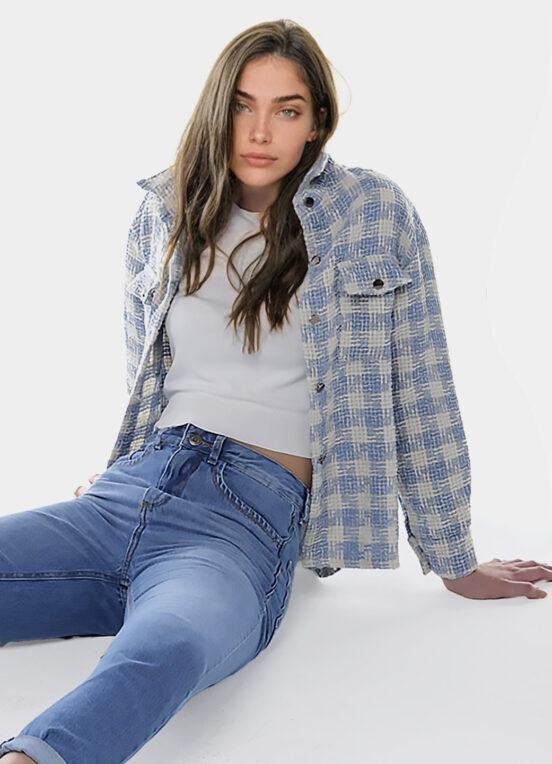 Jaqueta Xadrez Feminina de Lã Tweed Azul Clara com Bolsos - Image 5