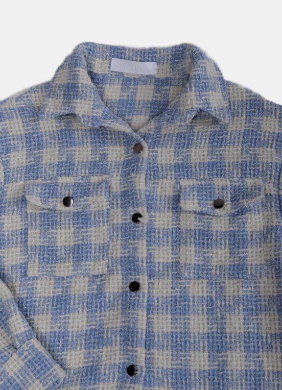 Jaqueta Xadrez Feminina de Lã Tweed Azul Clara com Bolsos - Image 3