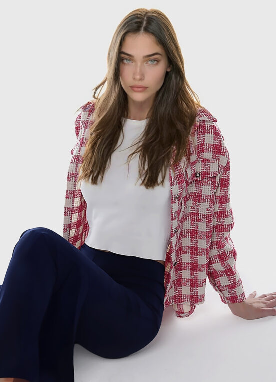 Jaqueta Xadrez Feminina de Lã Tweed Rosa com Bolsos