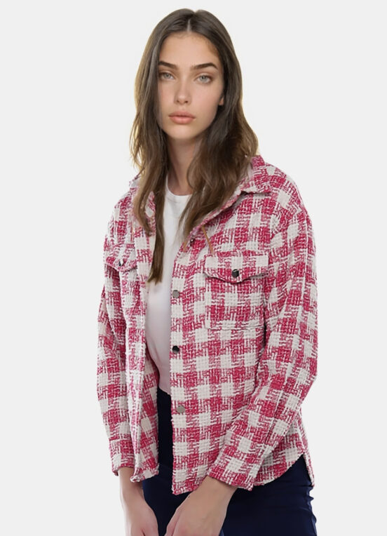 Jaqueta Xadrez Feminina de Lã Tweed Rosa com Bolsos - Image 2
