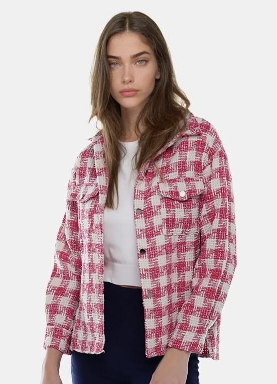 Jaqueta Xadrez Feminina de Lã Tweed Rosa com Bolsos - Image 8