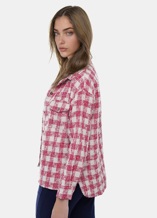 Jaqueta Xadrez Feminina de Lã Tweed Rosa com Bolsos - Image 7