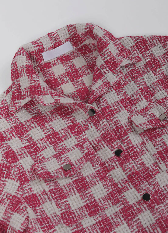 Jaqueta Xadrez Feminina de Lã Tweed Rosa com Bolsos - Image 4