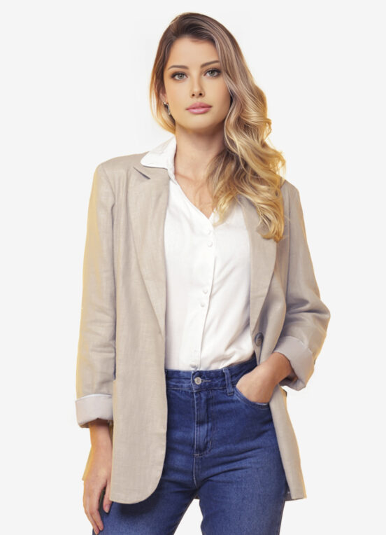 Blazer de Linho  Puro  Areia Feminino Sob Longo com Bolsos