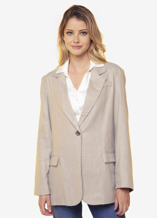 Blazer de Linho  Puro  Areia Feminino Sob Longo com Bolsos - Image 2