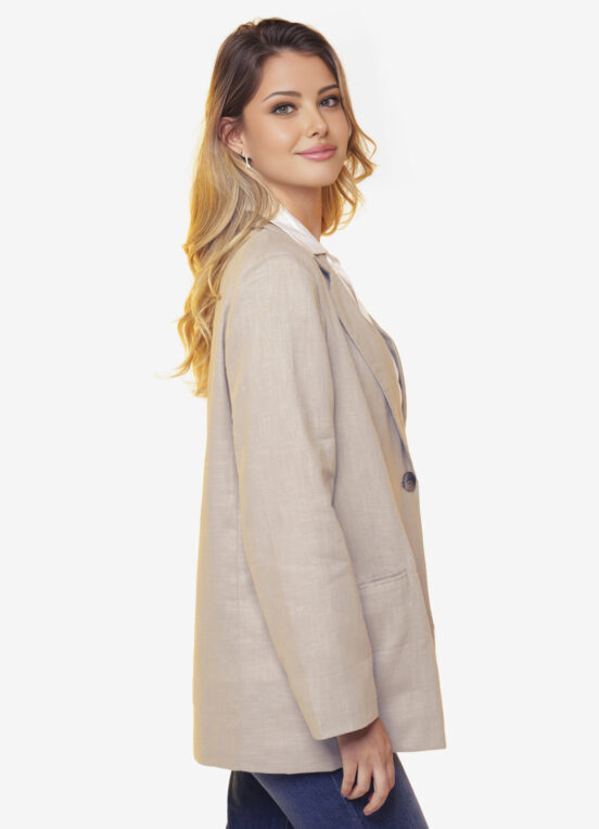 Blazer de Linho  Puro  Areia Feminino Sob Longo com Bolsos - Image 5