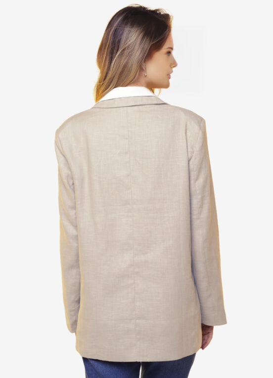 Blazer de Linho  Puro  Areia Feminino Sob Longo com Bolsos - Image 4