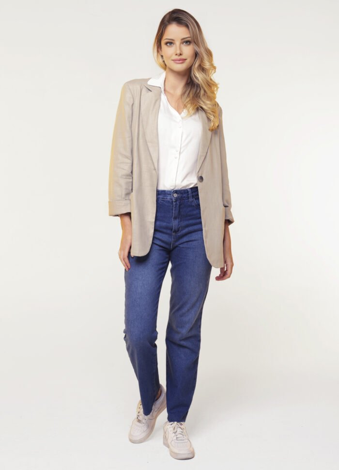 Blazer de Linho  Puro  Areia Feminino Sob Longo com Bolsos - Imagem 3