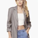 Blazer de Linho  Puro  Castanho Feminino Sob Longo com Bolso