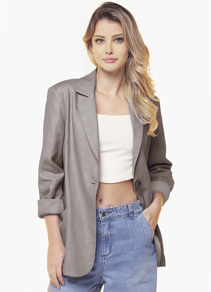 Blazer de Linho  Puro  Castanho Feminino Sob Longo com Bolso - Imagem 2