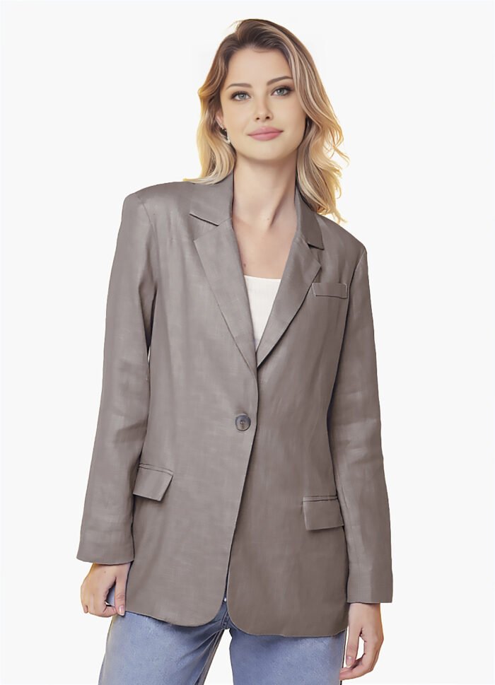 Blazer de Linho  Puro  Castanho Feminino Sob Longo com Bolso - Imagem 5