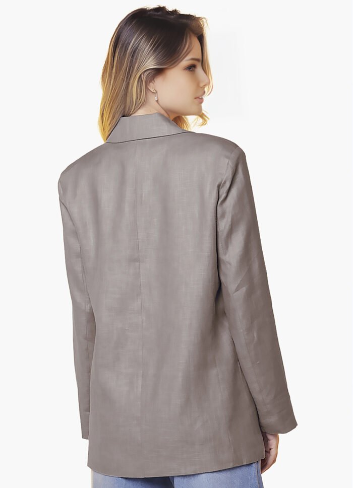 Blazer de Linho  Puro  Castanho Feminino Sob Longo com Bolso - Imagem 4