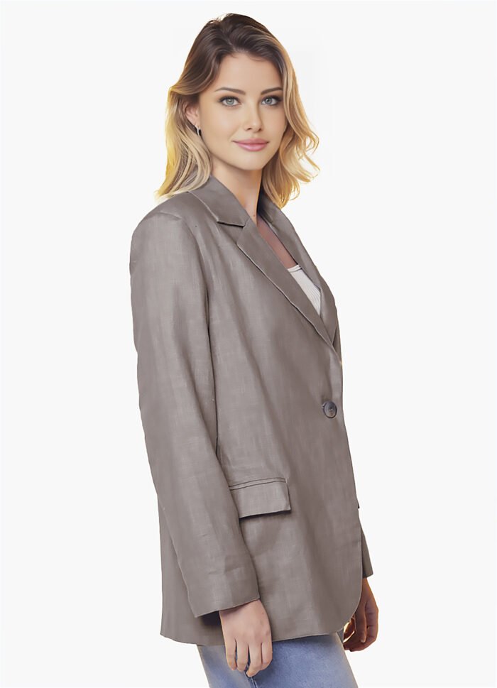 Blazer de Linho  Puro  Castanho Feminino Sob Longo com Bolso - Imagem 3