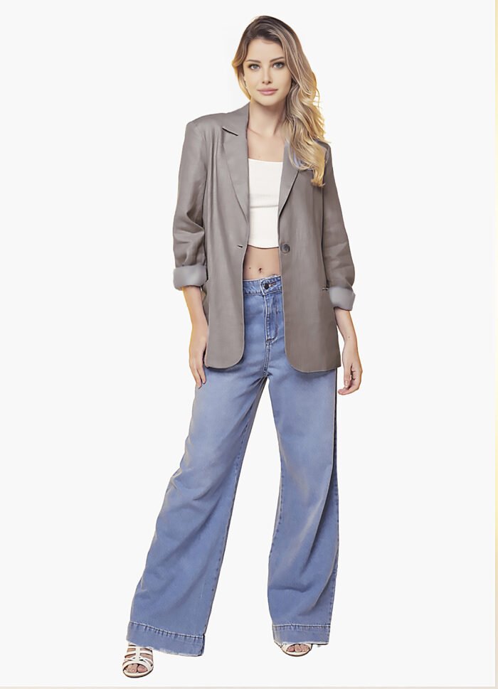 Blazer de Linho  Puro  Castanho Feminino Sob Longo com Bolso - Imagem 6