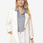 Blazer de Linho  Puro  Branco Feminino Sob Longo com Bolsos