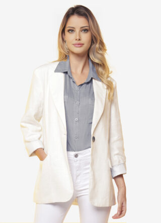 Blazer de Linho  Puro  Branco Feminino Sob Longo com Bolsos