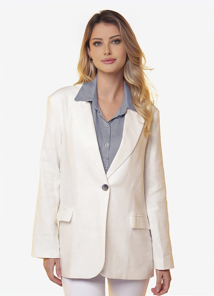 Blazer de Linho  Puro  Branco Feminino Sob Longo com Bolsos - Imagem 2