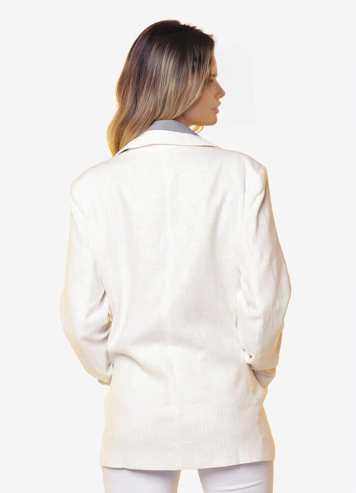 Blazer de Linho  Puro  Branco Feminino Sob Longo com Bolsos - Imagem 4